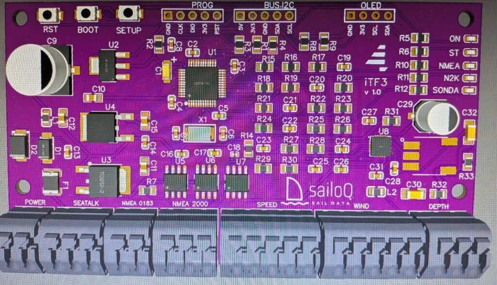 Diseño de la placa sailoQ ITF3, interfaz de viento, corredera y sonda